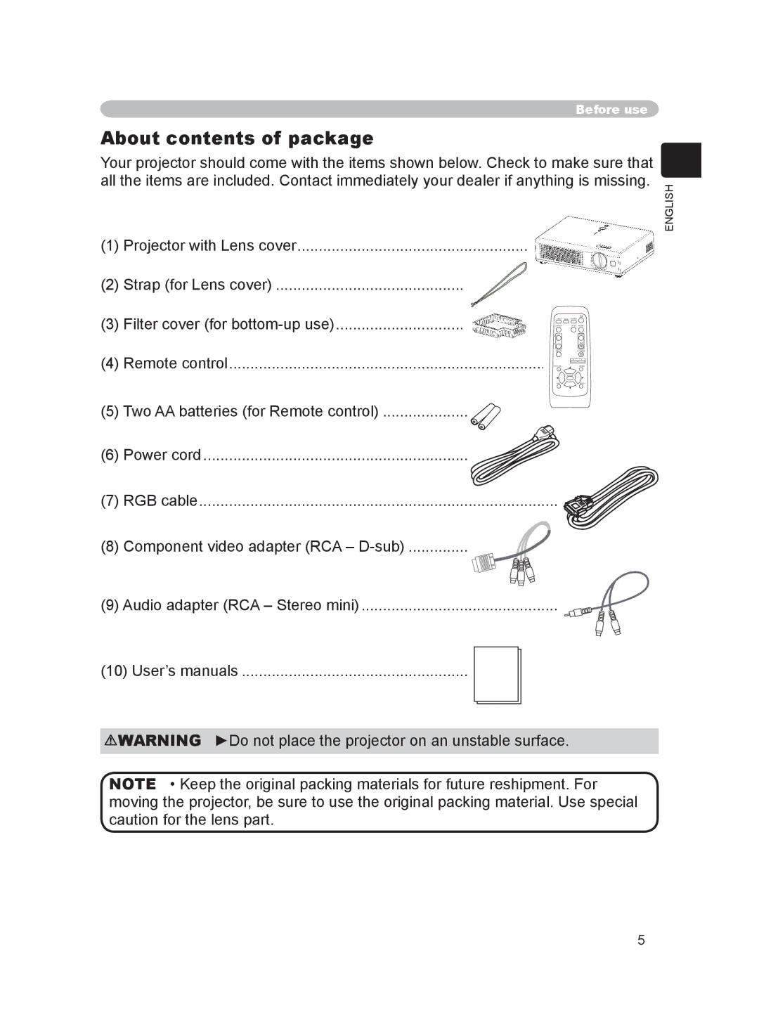 Hitachi PJ-LC9 user manual About contents of package 