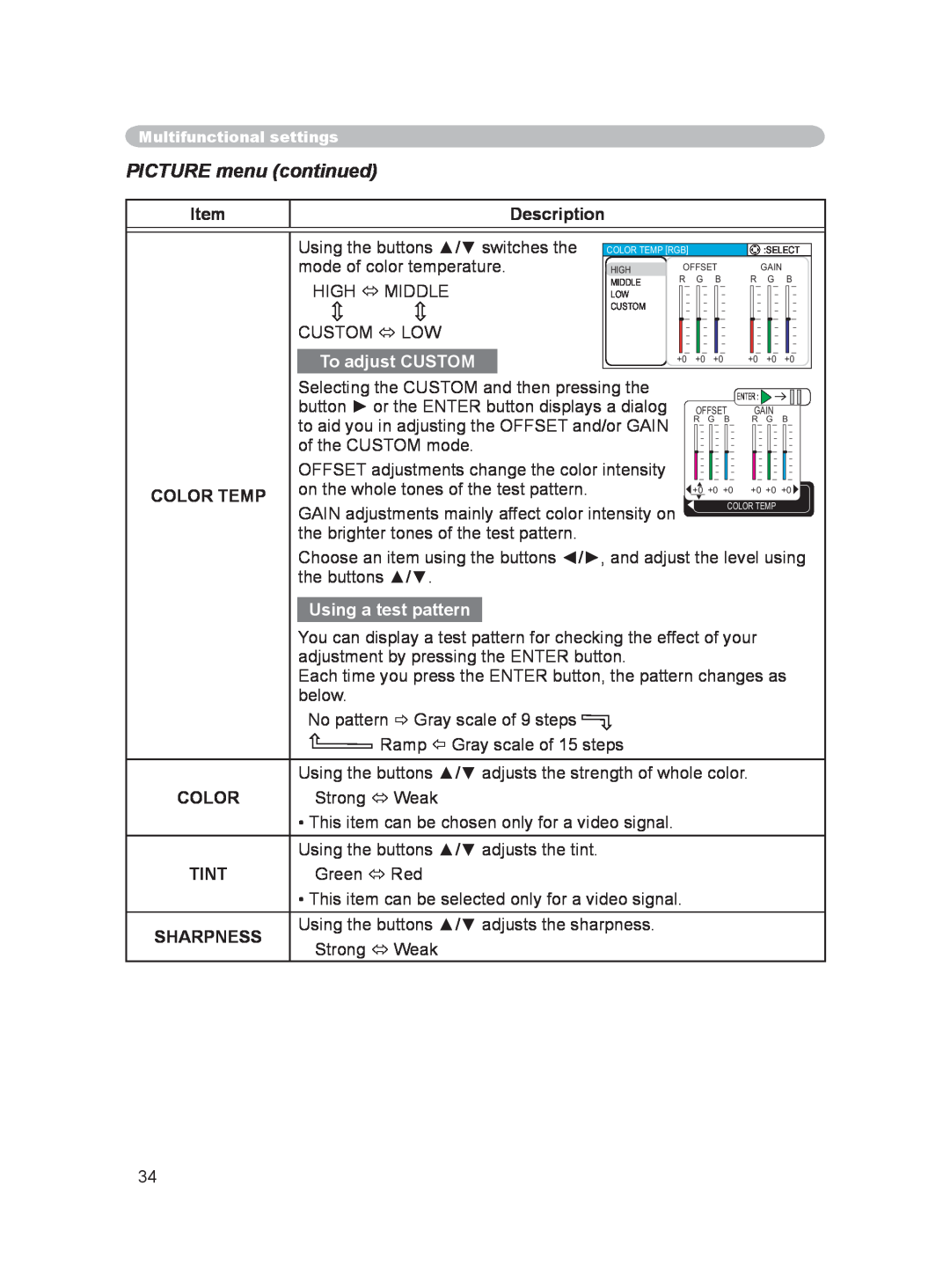 Hitachi PJ-LC9 user manual PICTURE menu continued, To adjust CUSTOM, Using a test pattern 
