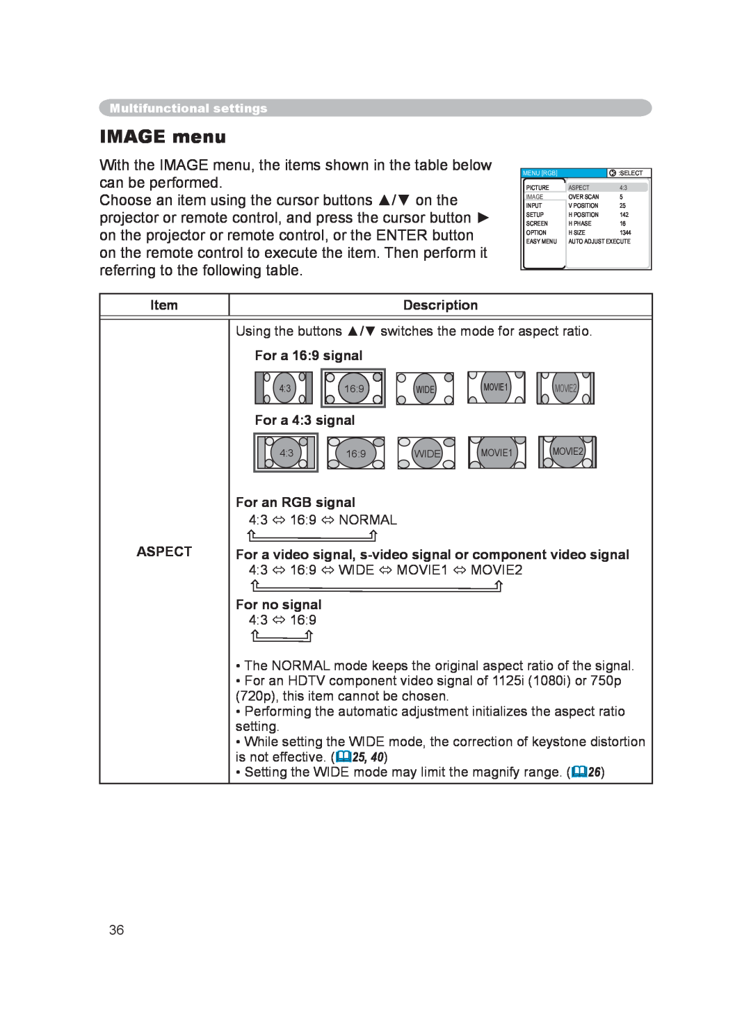 Hitachi PJ-LC9 user manual IMAGE menu, Description, Aspect, For a 16 9 signal, For a 4 3 signal, For an RGB signal 