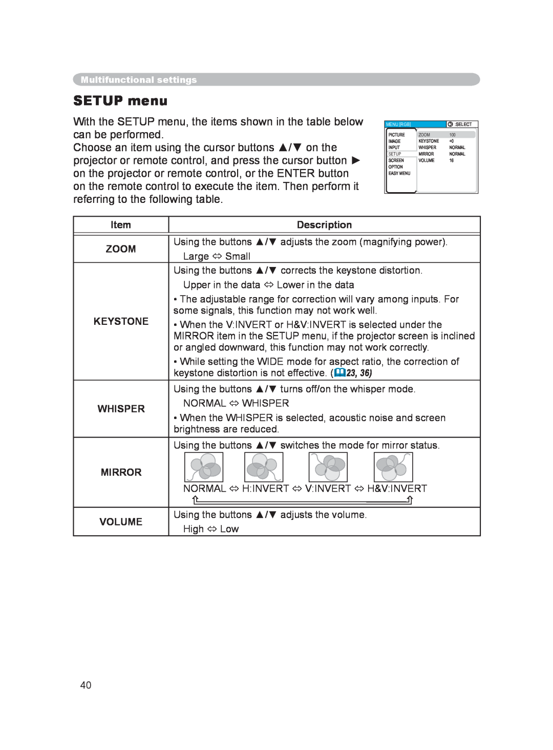 Hitachi PJ-LC9 user manual SETUP menu, Description, Zoom, Keystone, Whisper, Mirror, Volume 