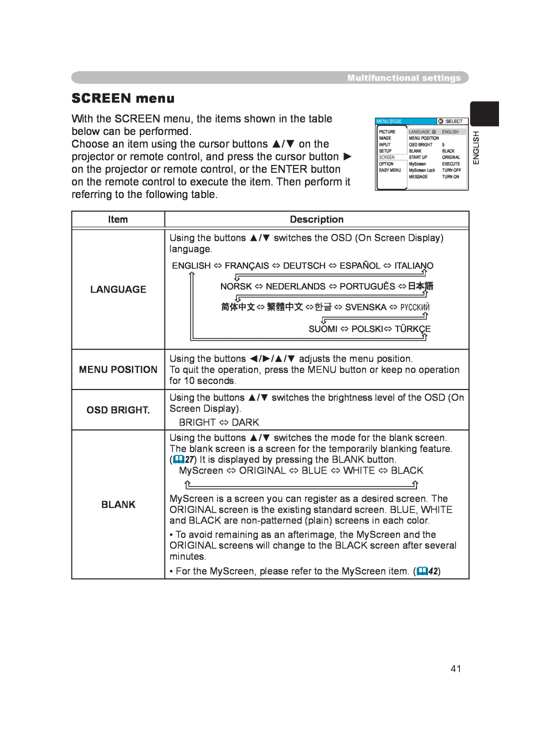 Hitachi PJ-LC9 user manual SCREEN menu, Description, Language, Menu Position, Osd Bright, Blank 
