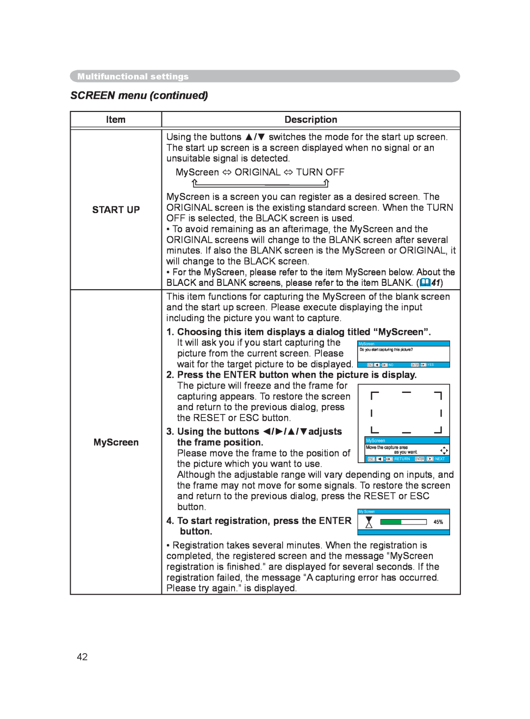 Hitachi PJ-LC9 user manual SCREEN menu continued 
