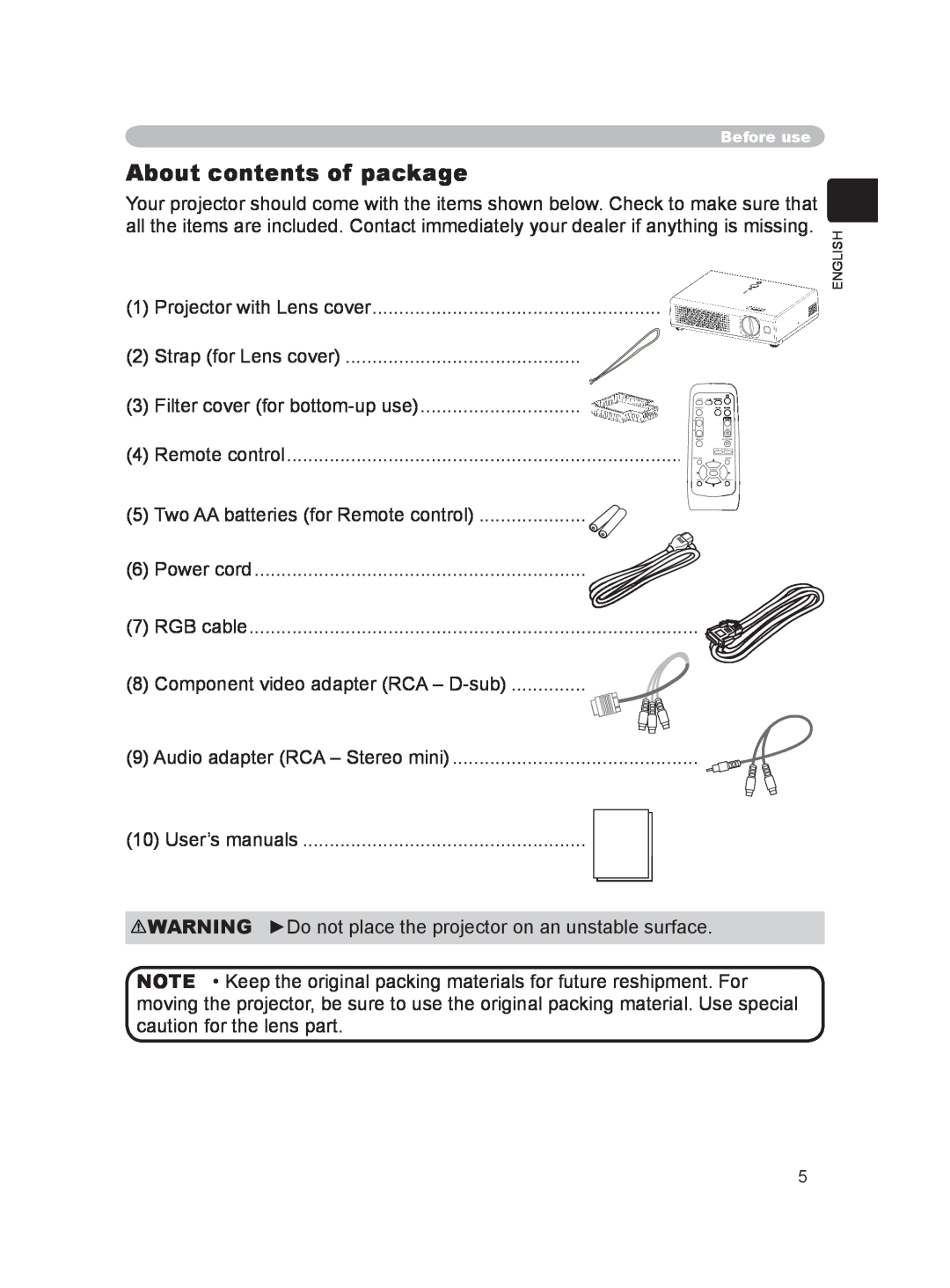 Hitachi PJ-LC9 user manual About contents of package 
