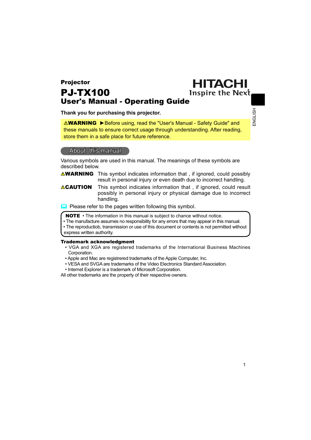 Hitachi PJ-TX100 user manual Users Manual - Operating Guide, About this manual, Projector 