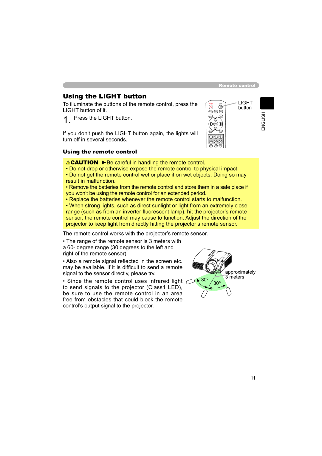 Hitachi PJ-TX100 user manual Using the LIGHT button, Using the remote control 