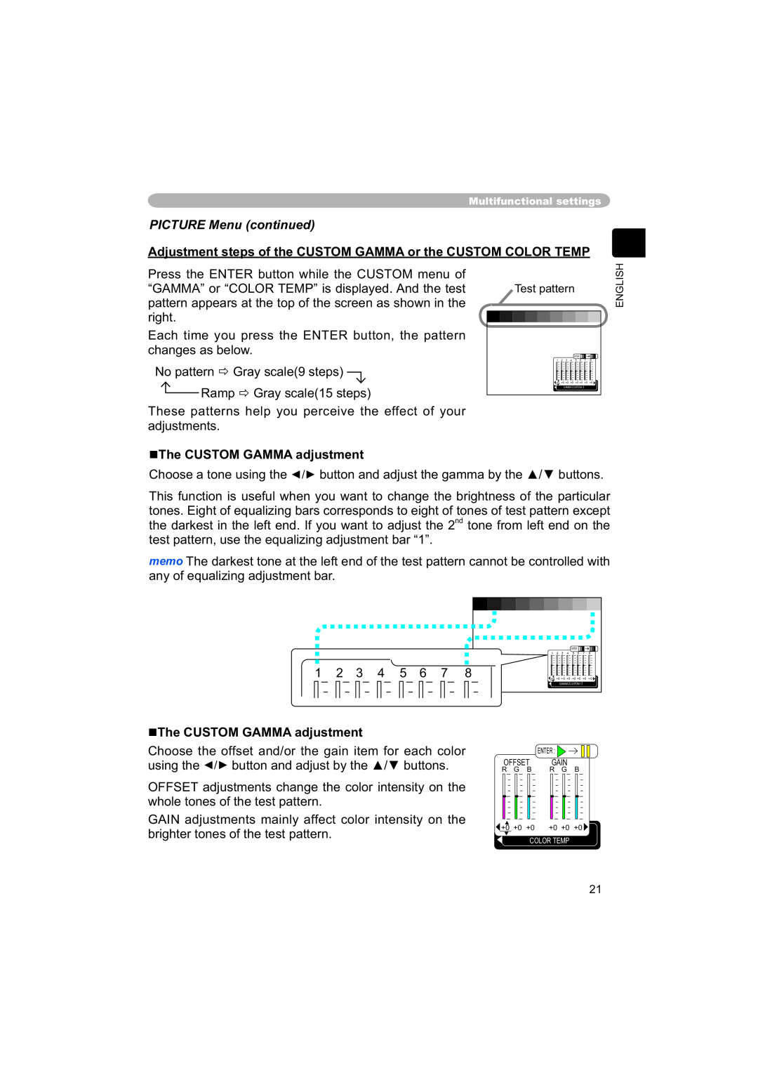 Hitachi PJ-TX100 user manual Adjustment steps of the CUSTOM GAMMA or the CUSTOM COLOR TEMP, The CUSTOM GAMMA adjustment 