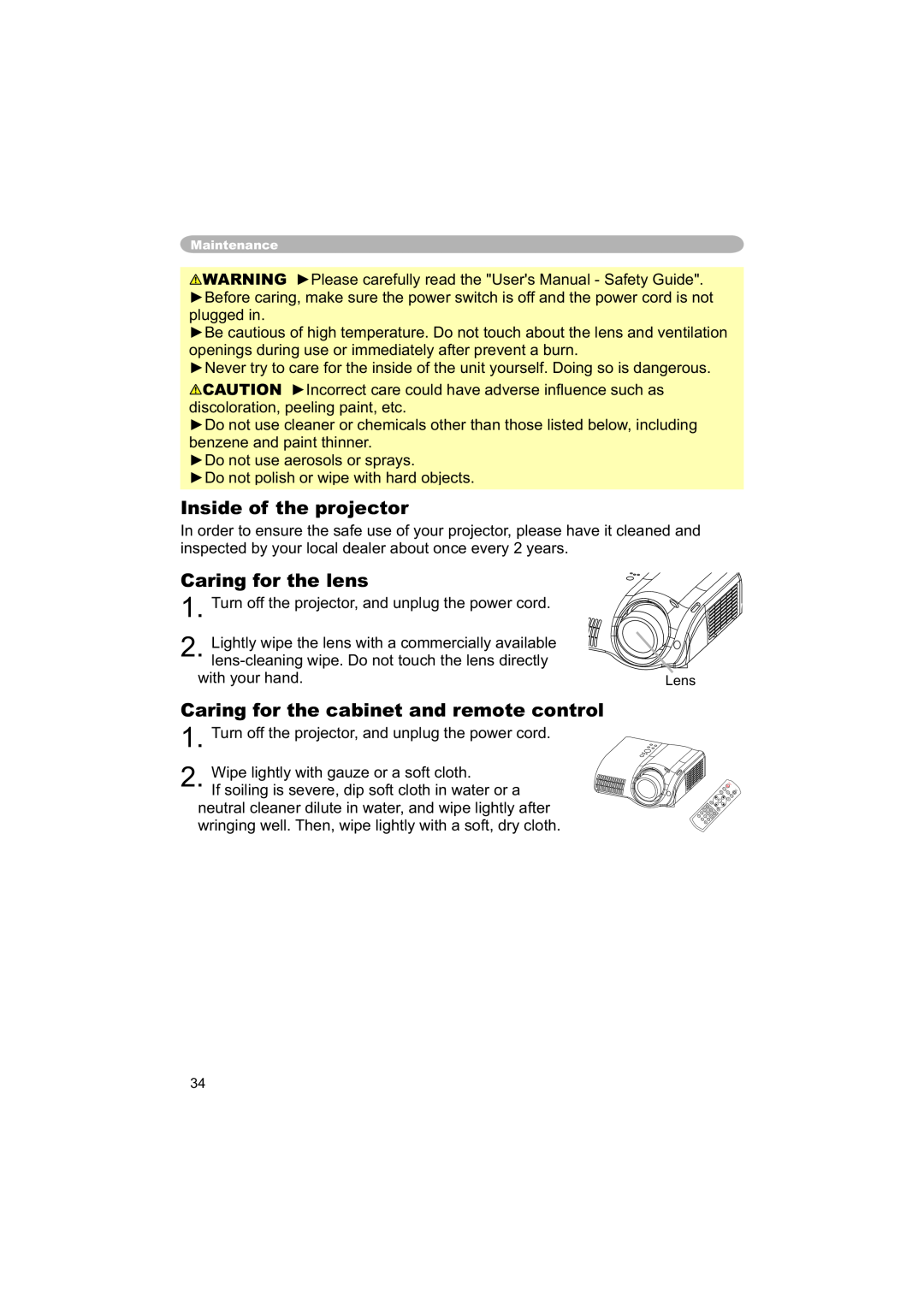 Hitachi PJ-TX100 user manual Inside of the projector, Caring for the lens, Caring for the cabinet and remote control, Lens 