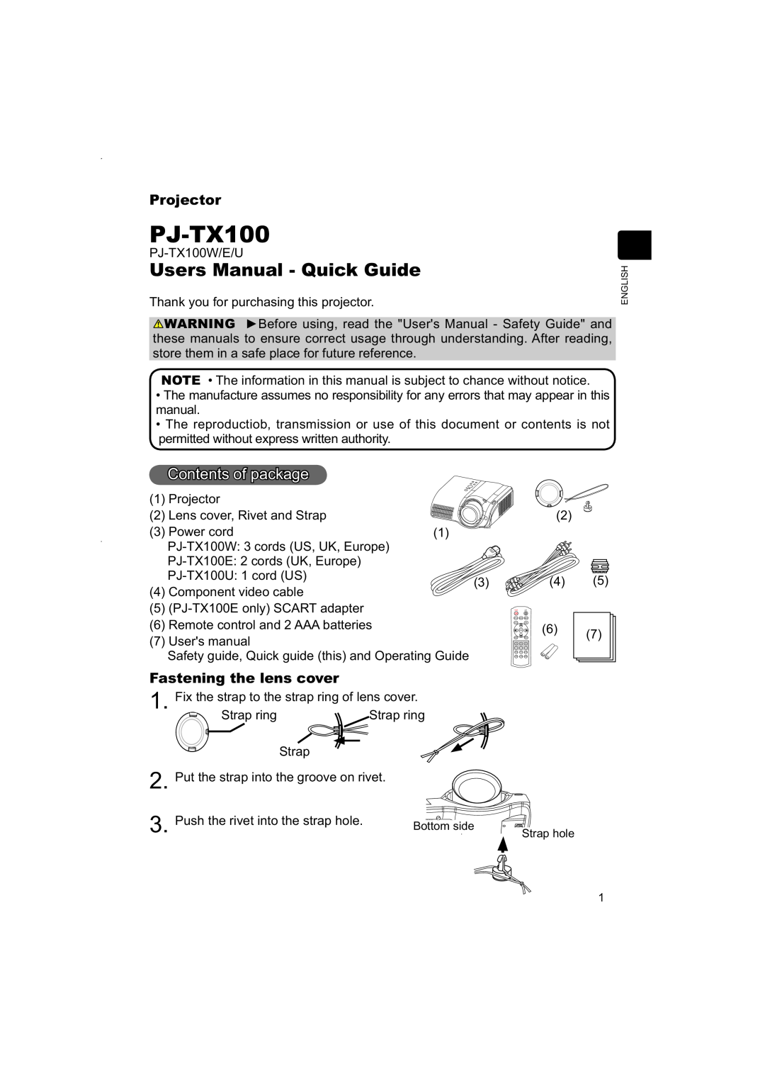 Hitachi PJ-TX100 user manual Users Manual - Quick Guide, Contents of package, Fastening the lens cover, Projector 