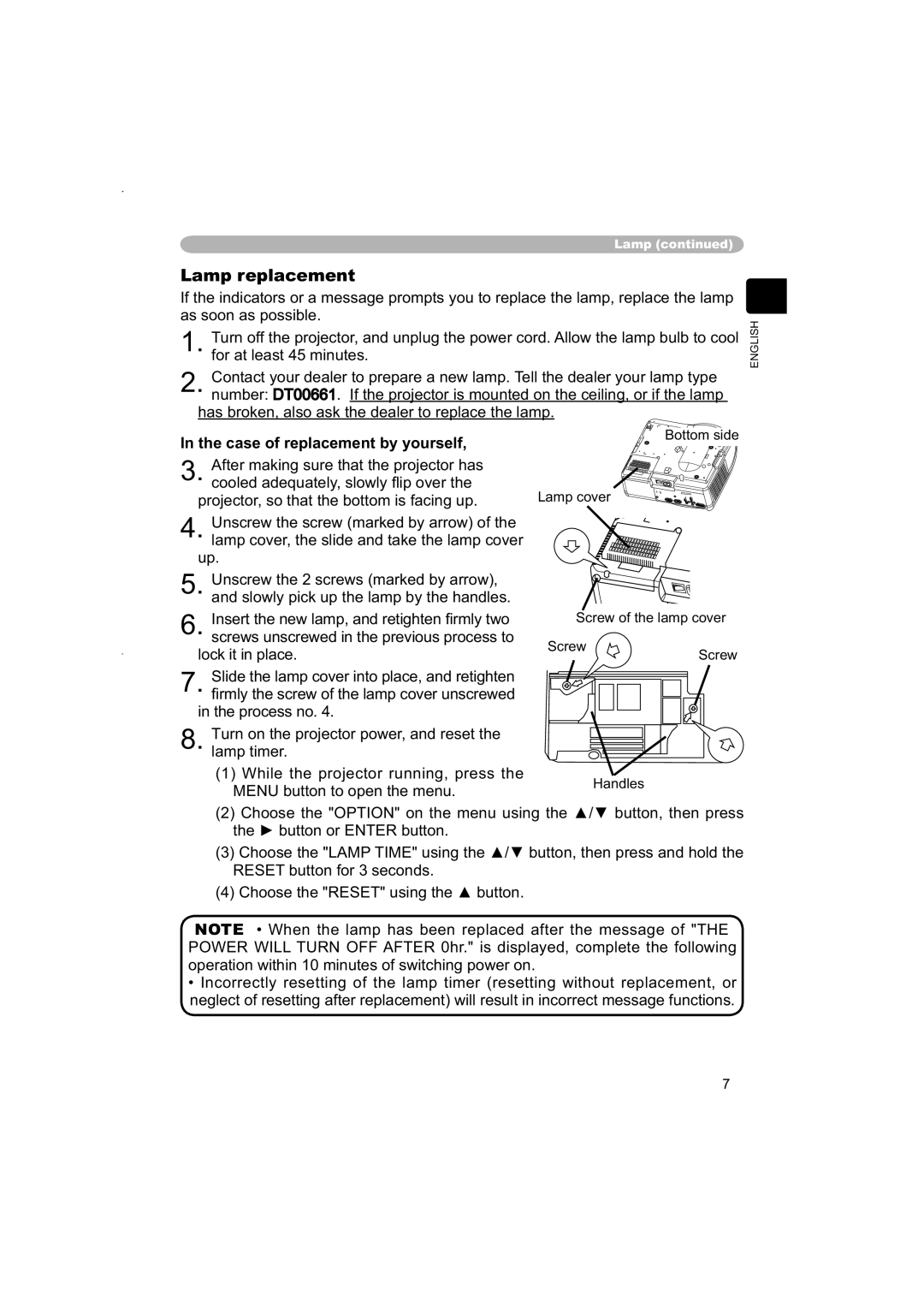 Hitachi PJ-TX100 user manual Lamp replacement, In the case of replacement by yourself 