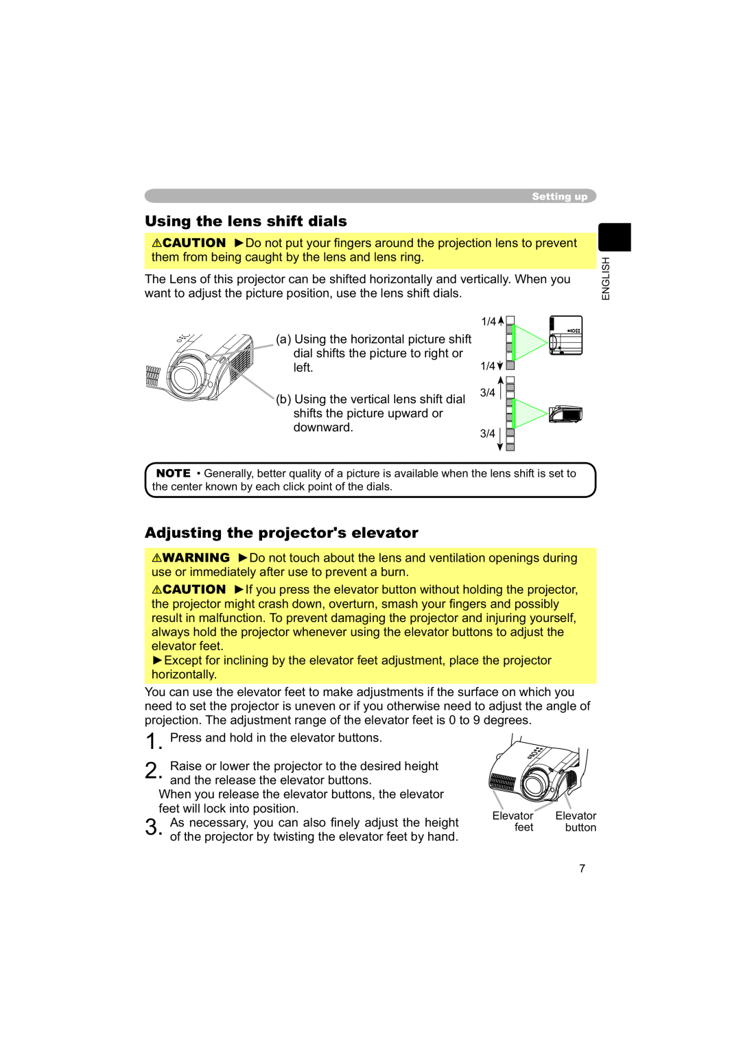 Hitachi PJ-TX100 user manual Using the lens shift dials, Adjusting the projectors elevator 