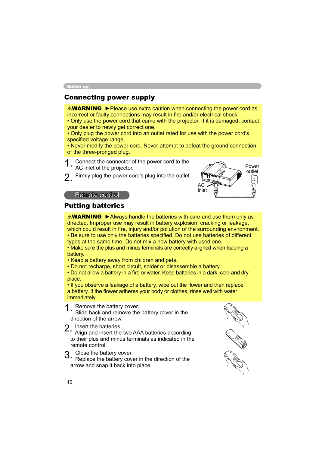 Hitachi PJ-TX100 user manual Connecting power supply, Remote control, Putting batteries 