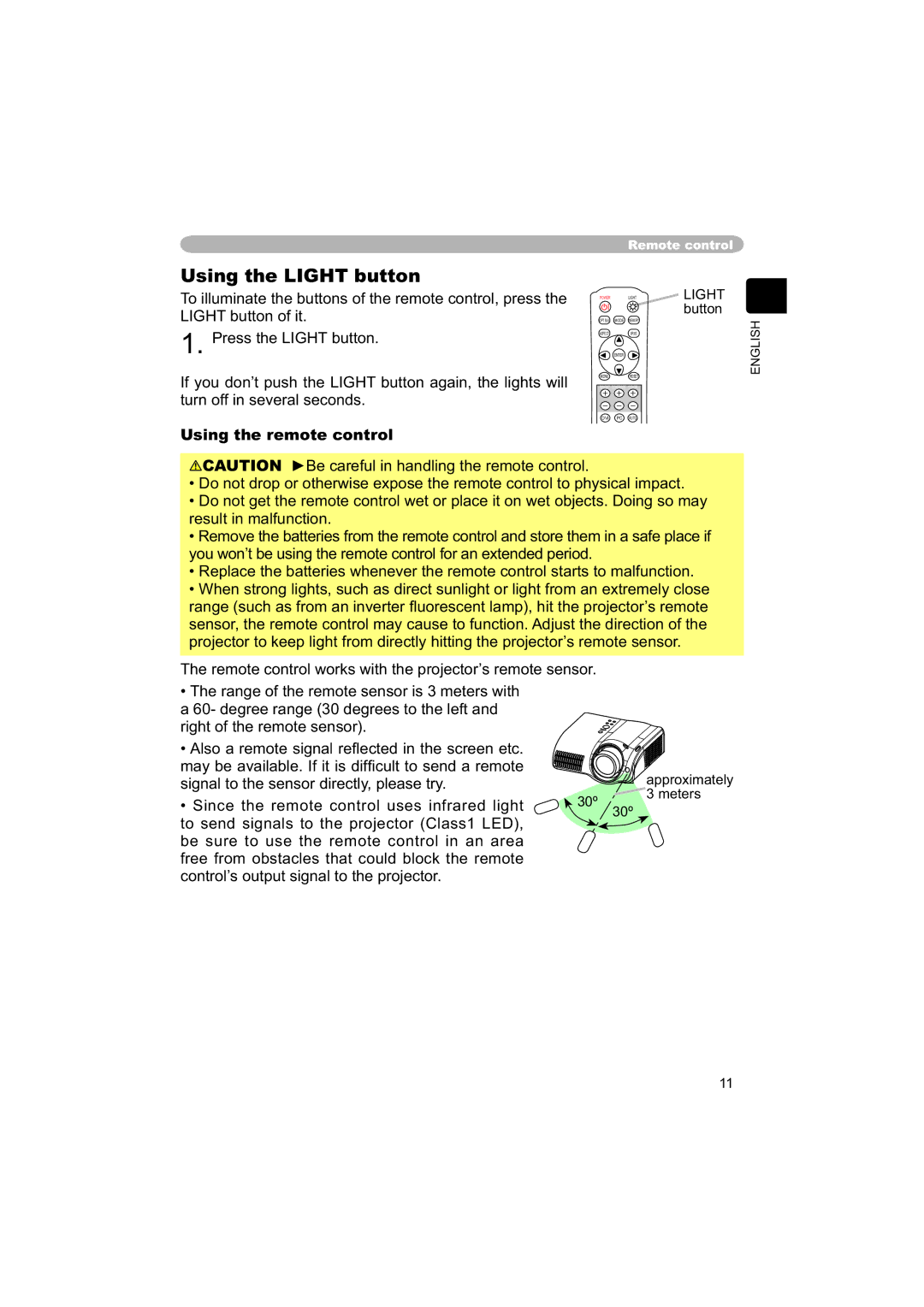 Hitachi PJ-TX100 user manual Using the Light button, Using the remote control 