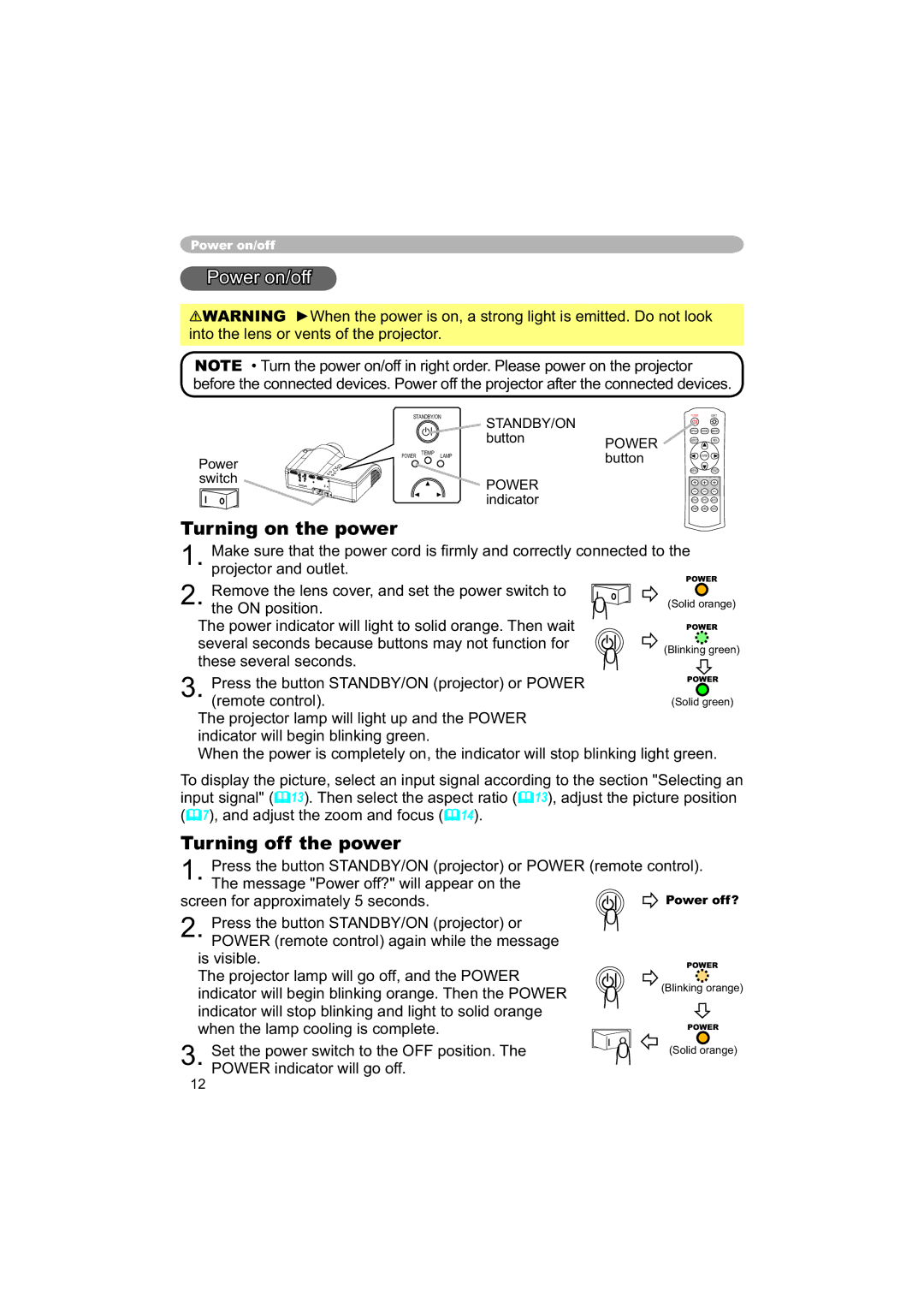 Hitachi PJ-TX100 user manual Power on/off, Turning on the power, Turning off the power 