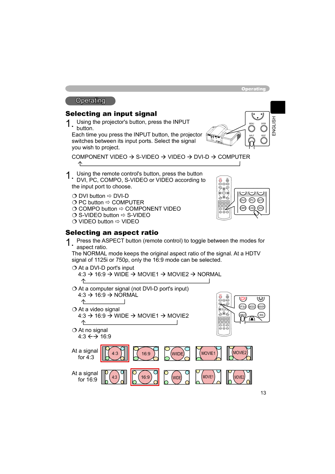 Hitachi PJ-TX100 user manual Operating, Selecting an input signal, Selecting an aspect ratio 