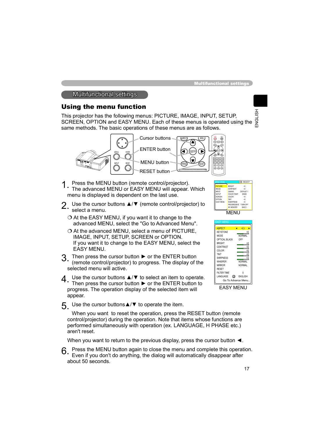 Hitachi PJ-TX100 user manual Multifunctional settings, Using the menu function, Easy Menu 