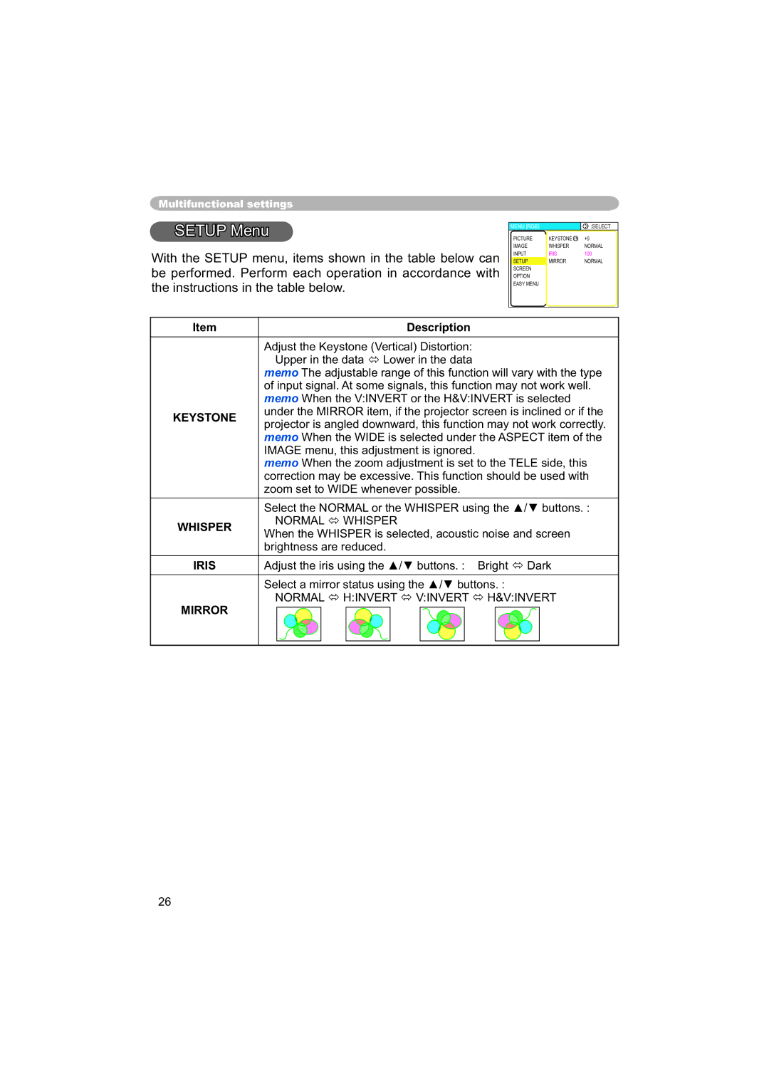 Hitachi PJ-TX100 user manual Setup Menu, Normal Whisper, Iris, Normal Hinvert Vinvert H&VINVERT 