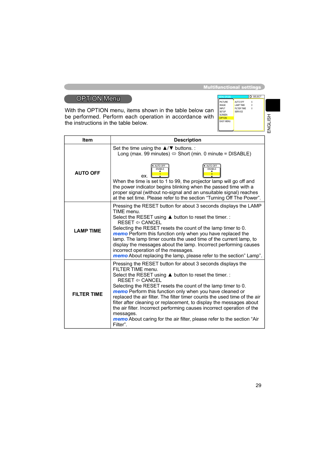 Hitachi PJ-TX100 user manual Option Menu, Auto OFF, Lamp Time 