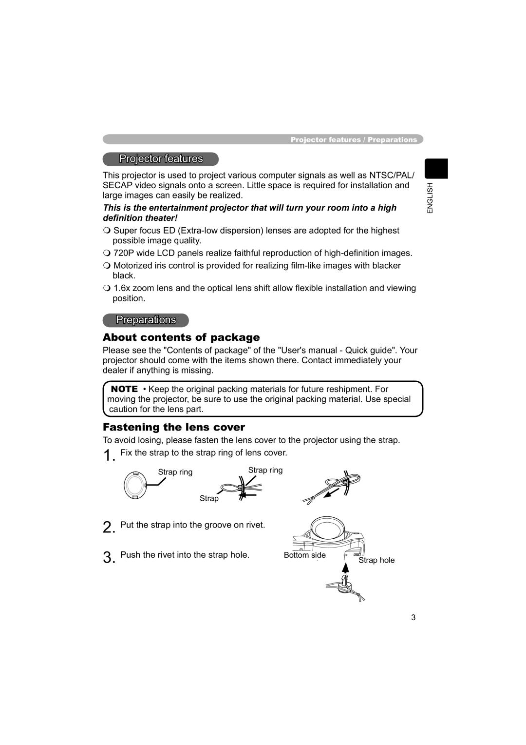 Hitachi PJ-TX100 user manual About contents of package Fastening the lens cover 