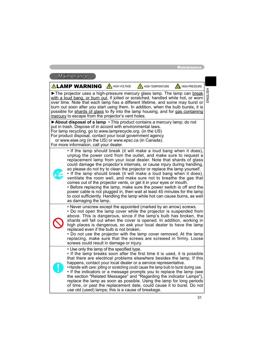 Hitachi PJ-TX100 user manual Maintenance, Lamp Warning High Voltage 