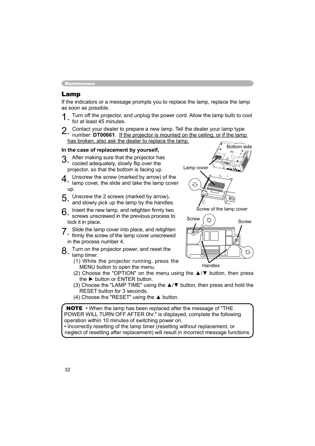 Hitachi PJ-TX100 user manual Lamp, Case of replacement by yourself 