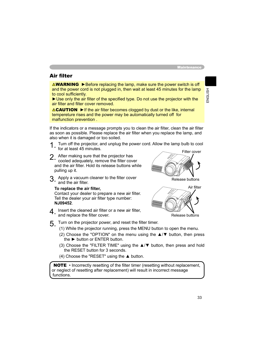 Hitachi PJ-TX100 user manual Air ﬁlter, To replace the air ﬁlter, NJ09452 