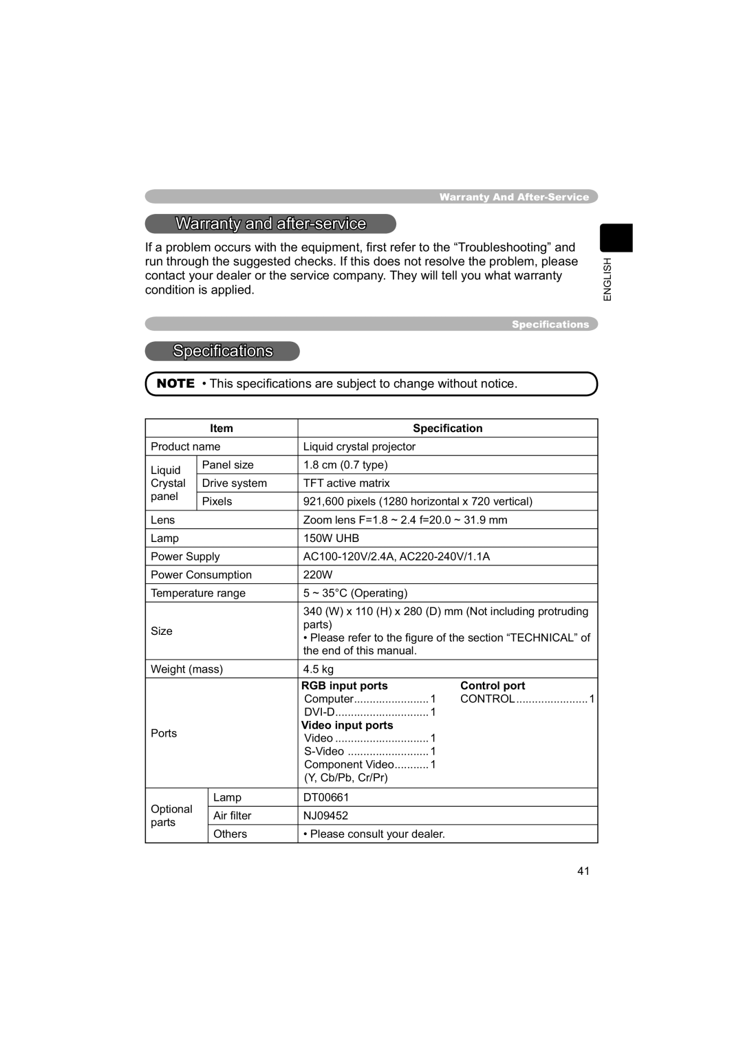 Hitachi PJ-TX100 user manual Speciﬁcation, RGB input ports Control port, Control DVI-D, Video input ports 