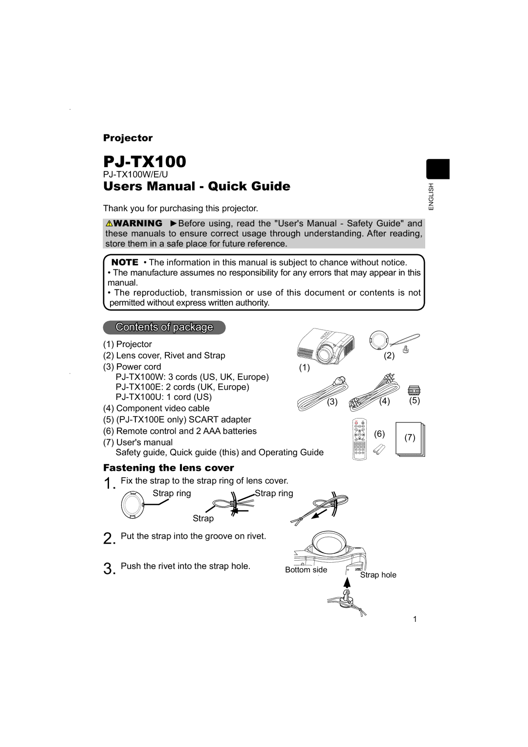 Hitachi PJ-TX100 user manual Contents of package 