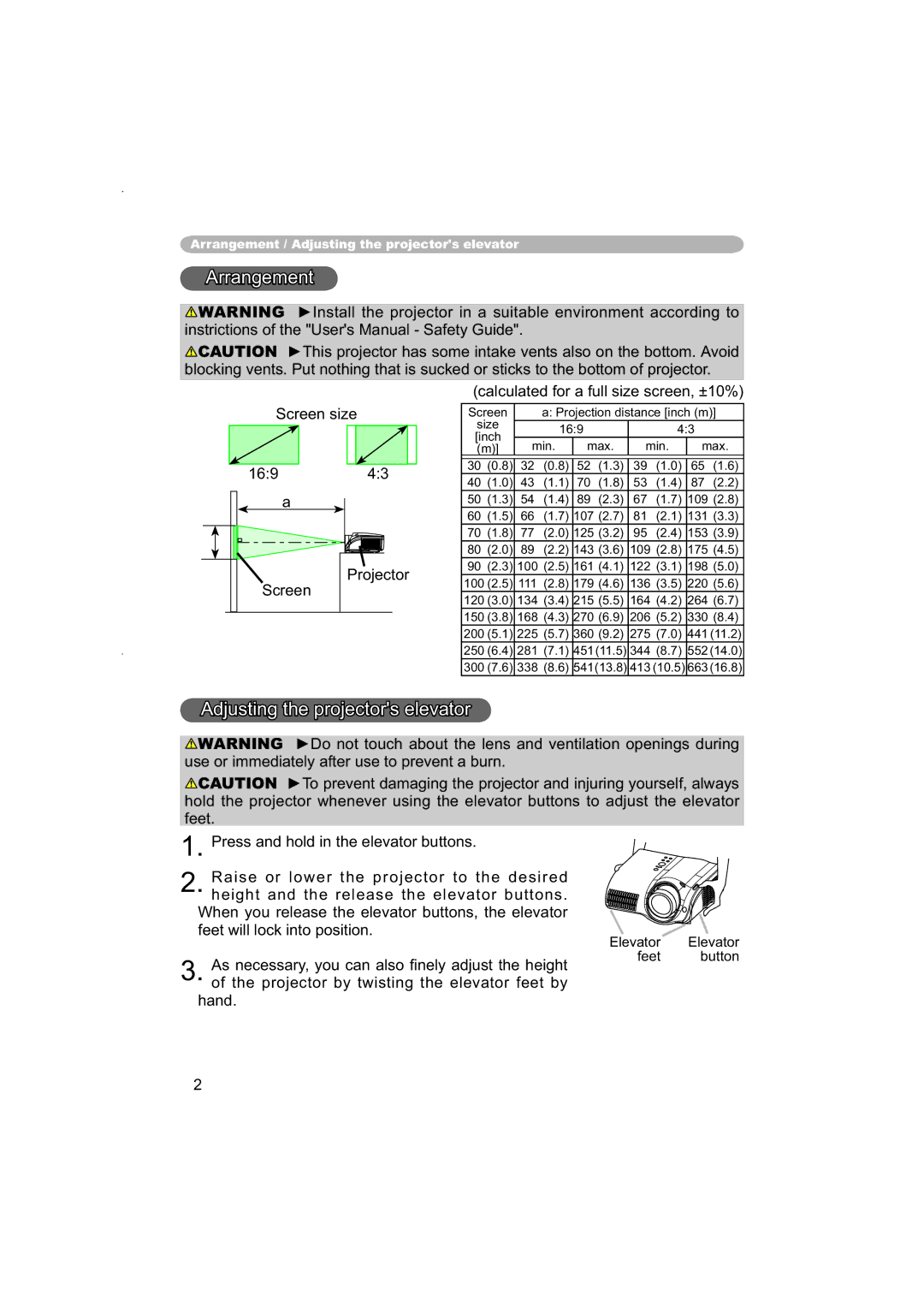 Hitachi PJ-TX100 user manual Arrangement, Adjusting the projectors elevator 