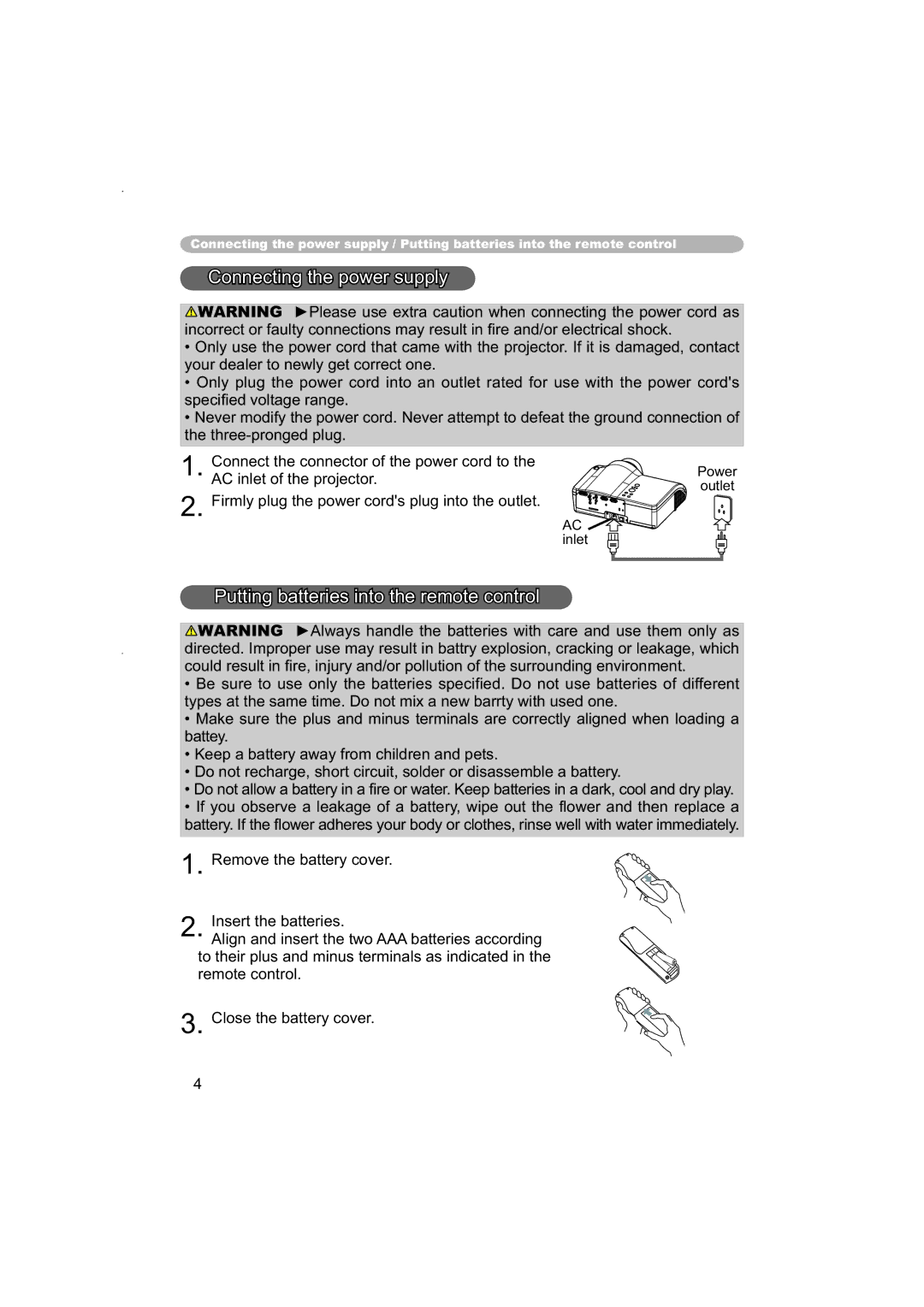 Hitachi PJ-TX100 user manual Connecting the power supply, Putting batteries into the remote control 