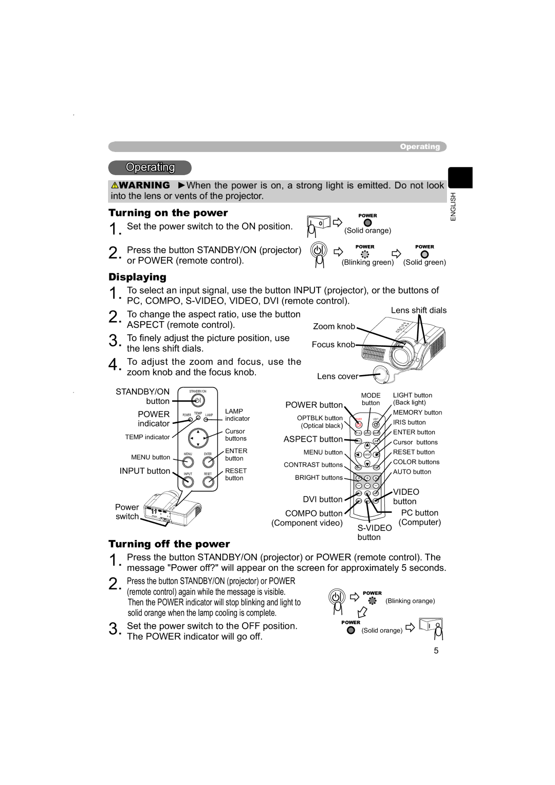 Hitachi PJ-TX100 user manual Standby/On, Power, Video 