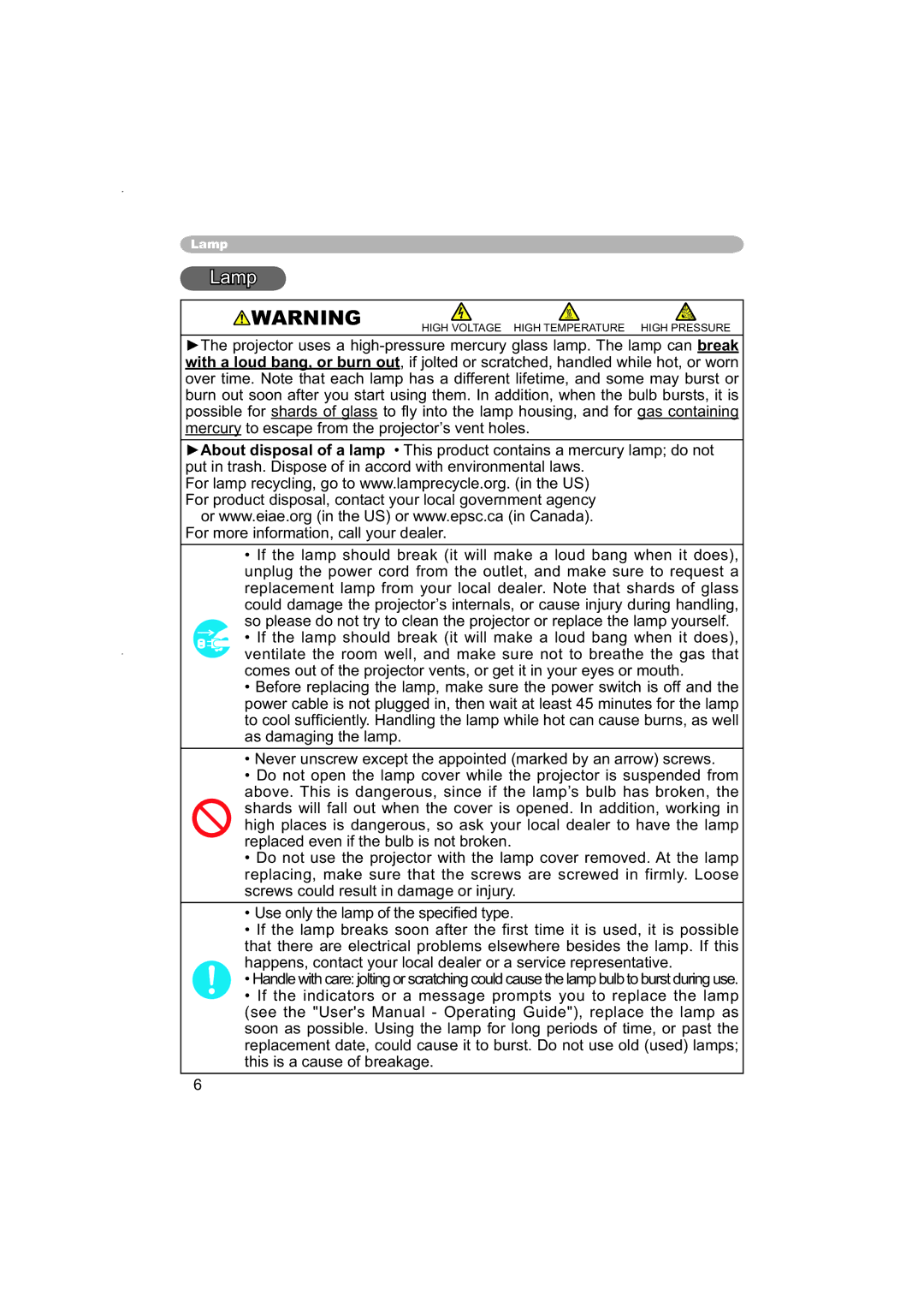 Hitachi PJ-TX100 user manual Lamp 