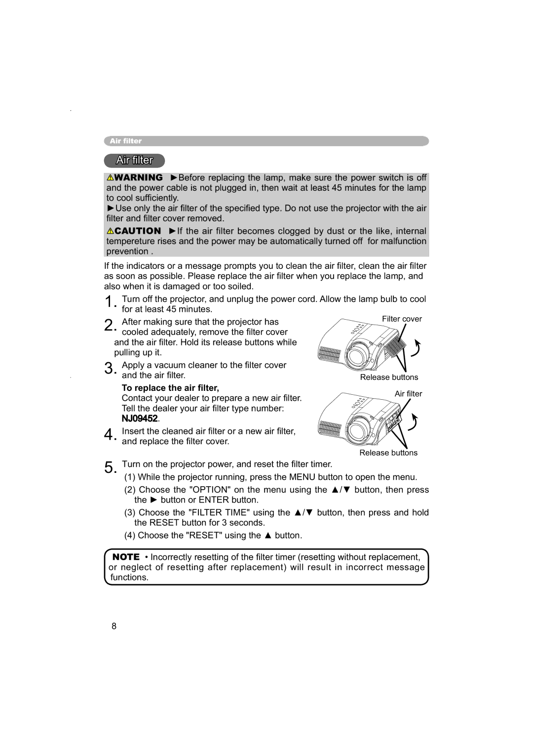 Hitachi PJ-TX100 user manual Air ﬁlter, To replace the air ﬁlter 