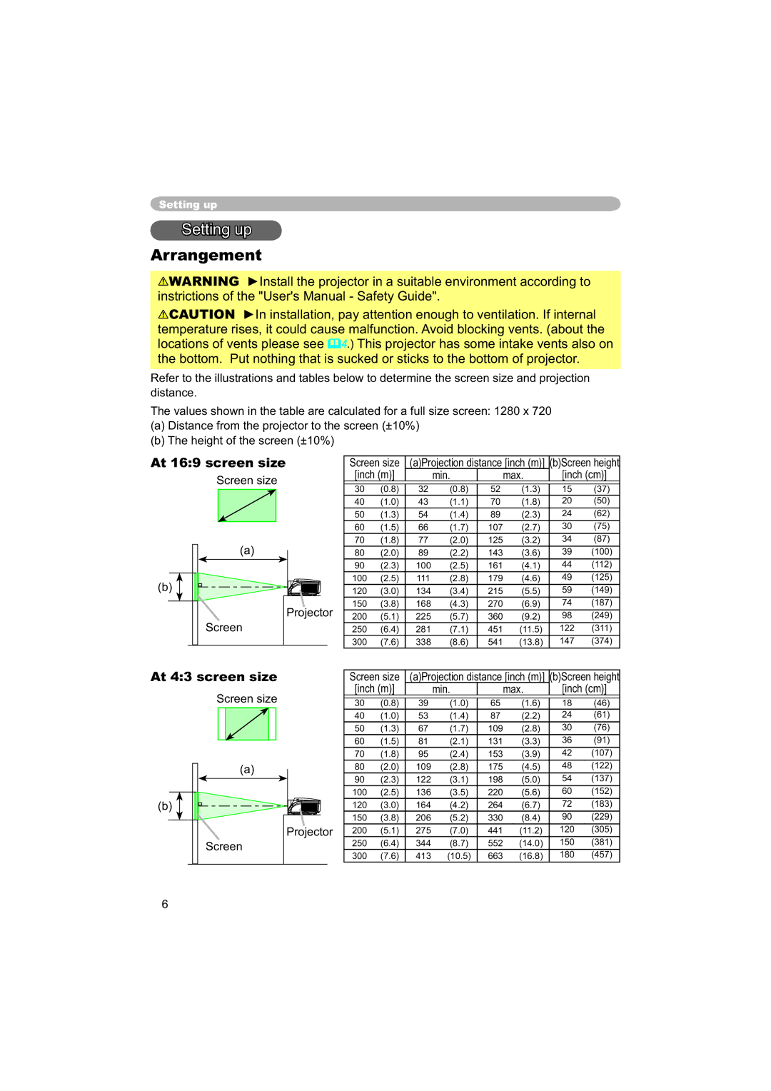 Hitachi PJ-TX100 user manual Setting up, Arrangement, At 169 screen size, At 43 screen size 