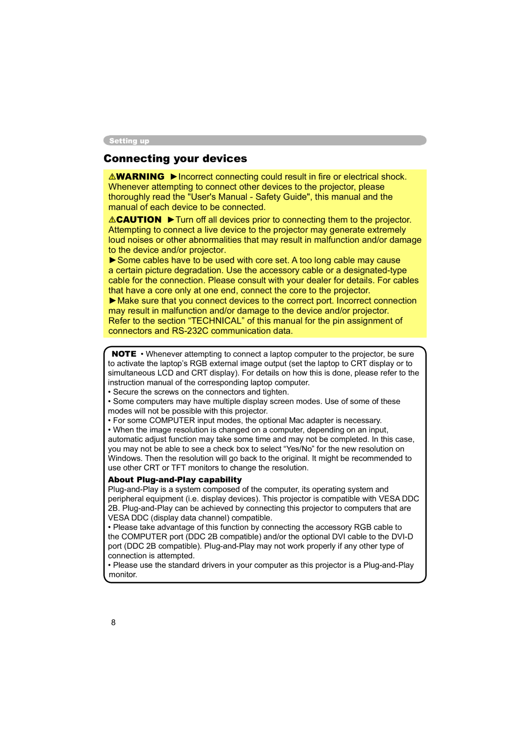 Hitachi PJ-TX100 user manual Connecting your devices, About Plug-and-Play capability 