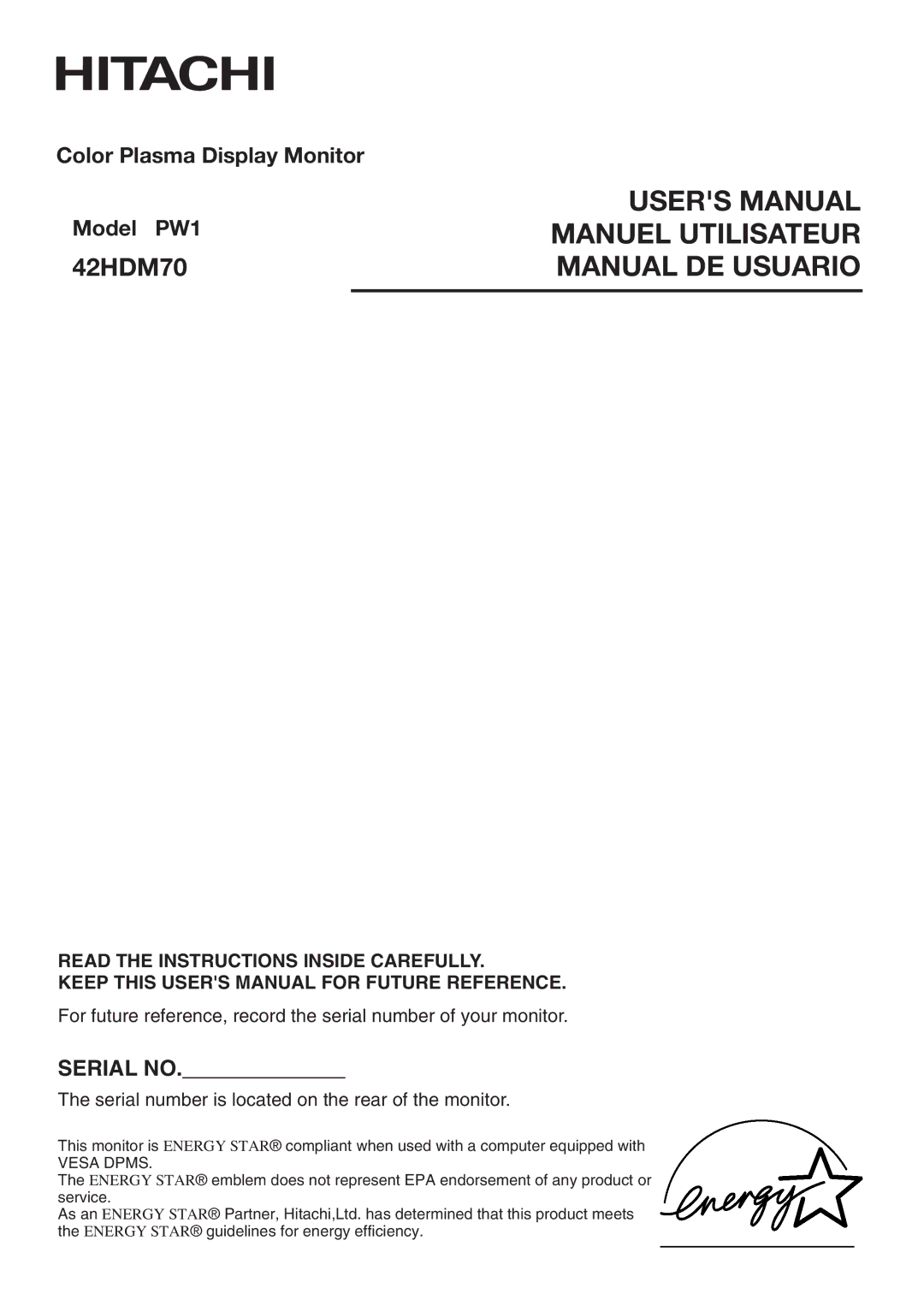 Hitachi PW1 user manual 42HDM70 