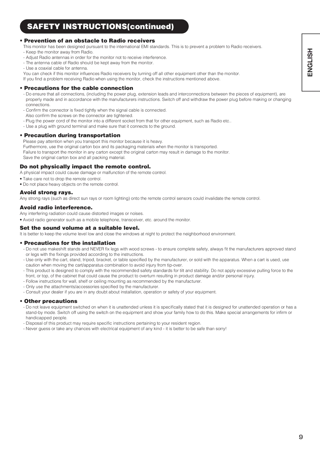 Hitachi PW1 Prevention of an obstacle to Radio receivers, Precautions for the cable connection, Avoid strong rays 