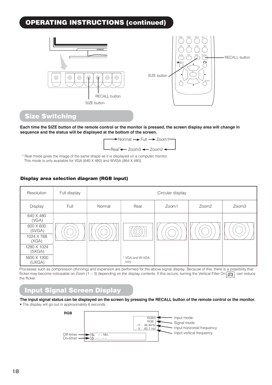 Hitachi PW1 Operating Instructions, Size Switching, Input Signal Screen Display, Display area selection diagram RGB input 