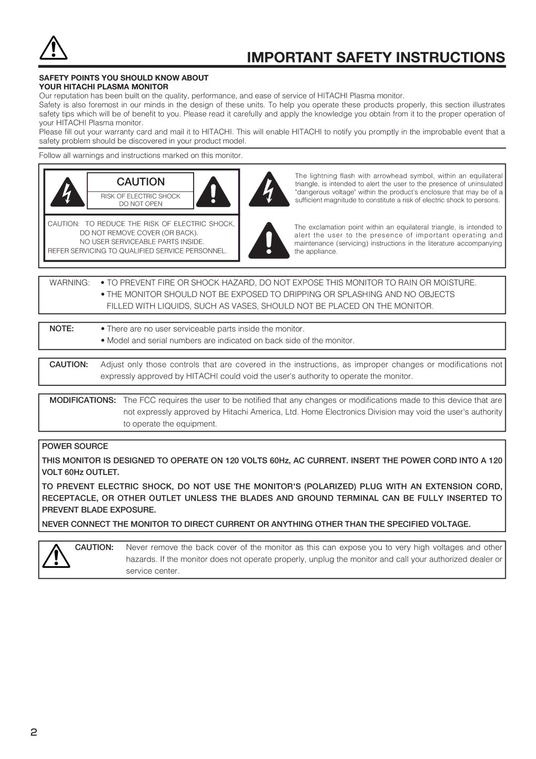 Hitachi PW1 user manual Important Safety Instructions, Power Source 