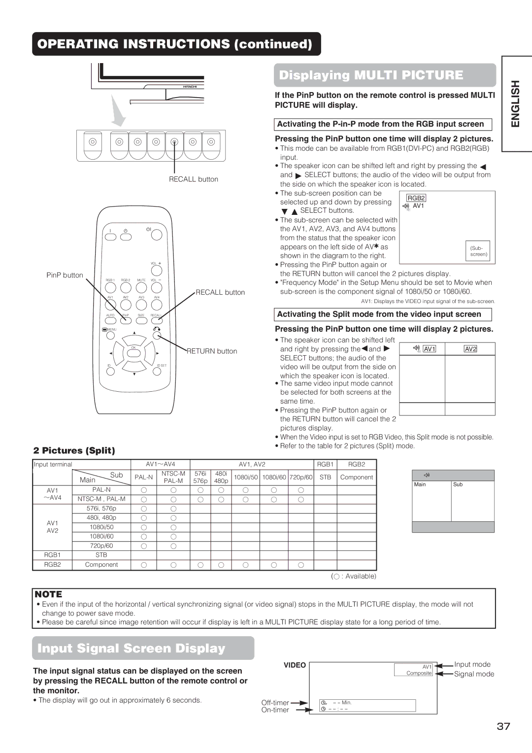 Hitachi PW1 user manual Operating Instructions Displaying Multi Picture, Pictures Split 