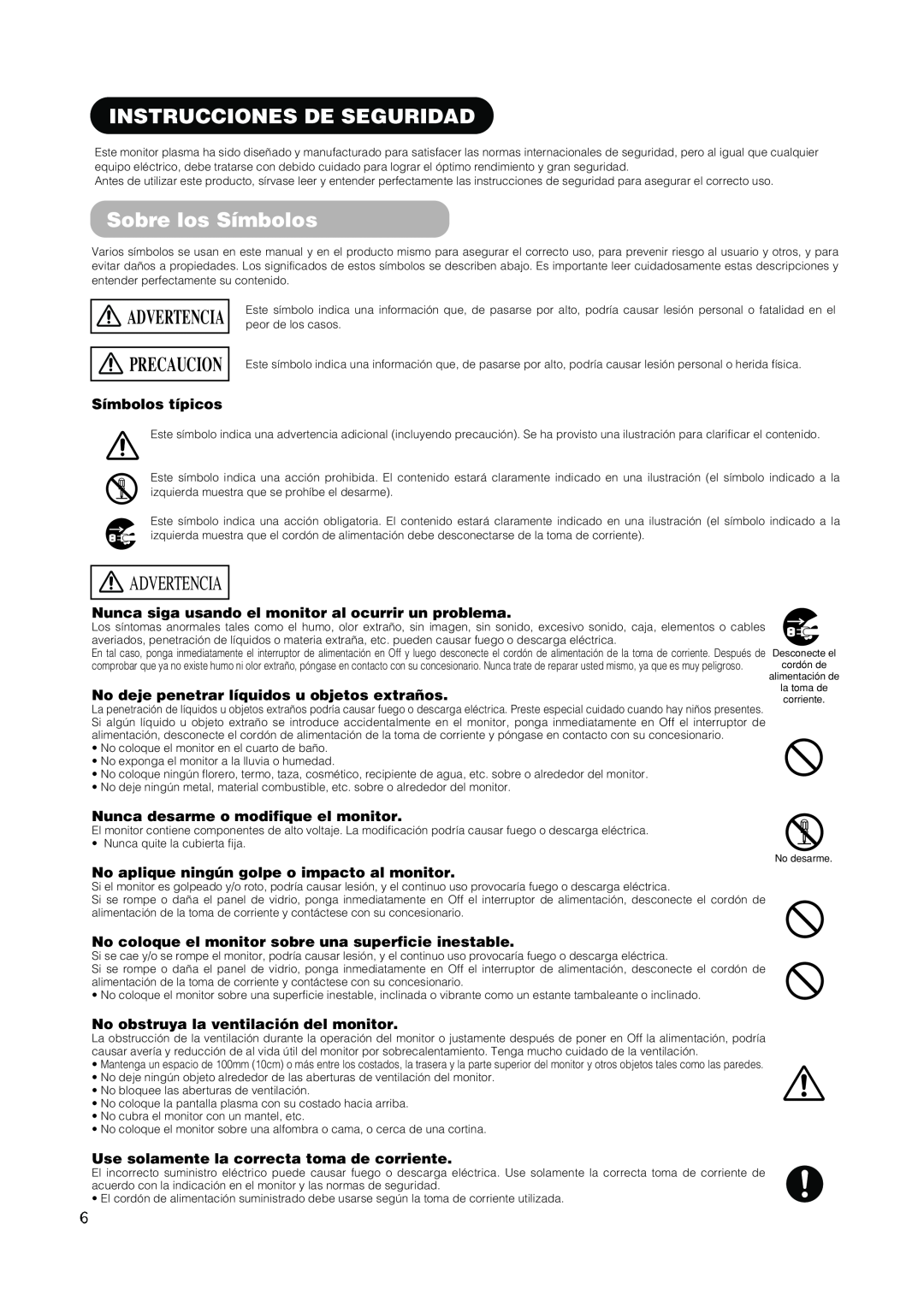 Hitachi PW1A user manual Instrucciones De Seguridad, Sobre los Símbolos, Advertencia, Precaucion, Símbolos típicos 