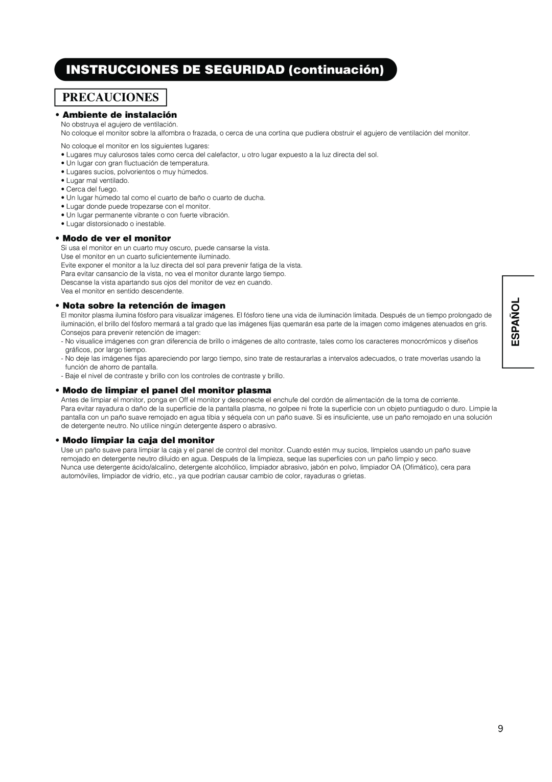 Hitachi PW1A user manual Precauciones, INSTRUCCIONES DE SEGURIDAD continuación, Español, Ambiente de instalación 