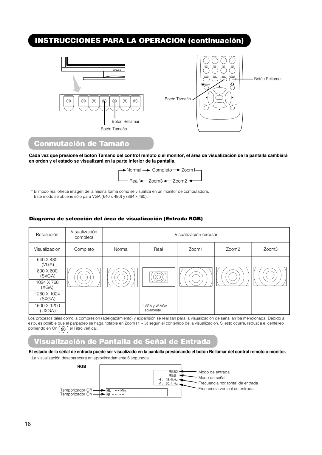 Hitachi PW1A user manual INSTRUCCIONES PARA LA OPERACION continuación, Conmutación de Tamaño 