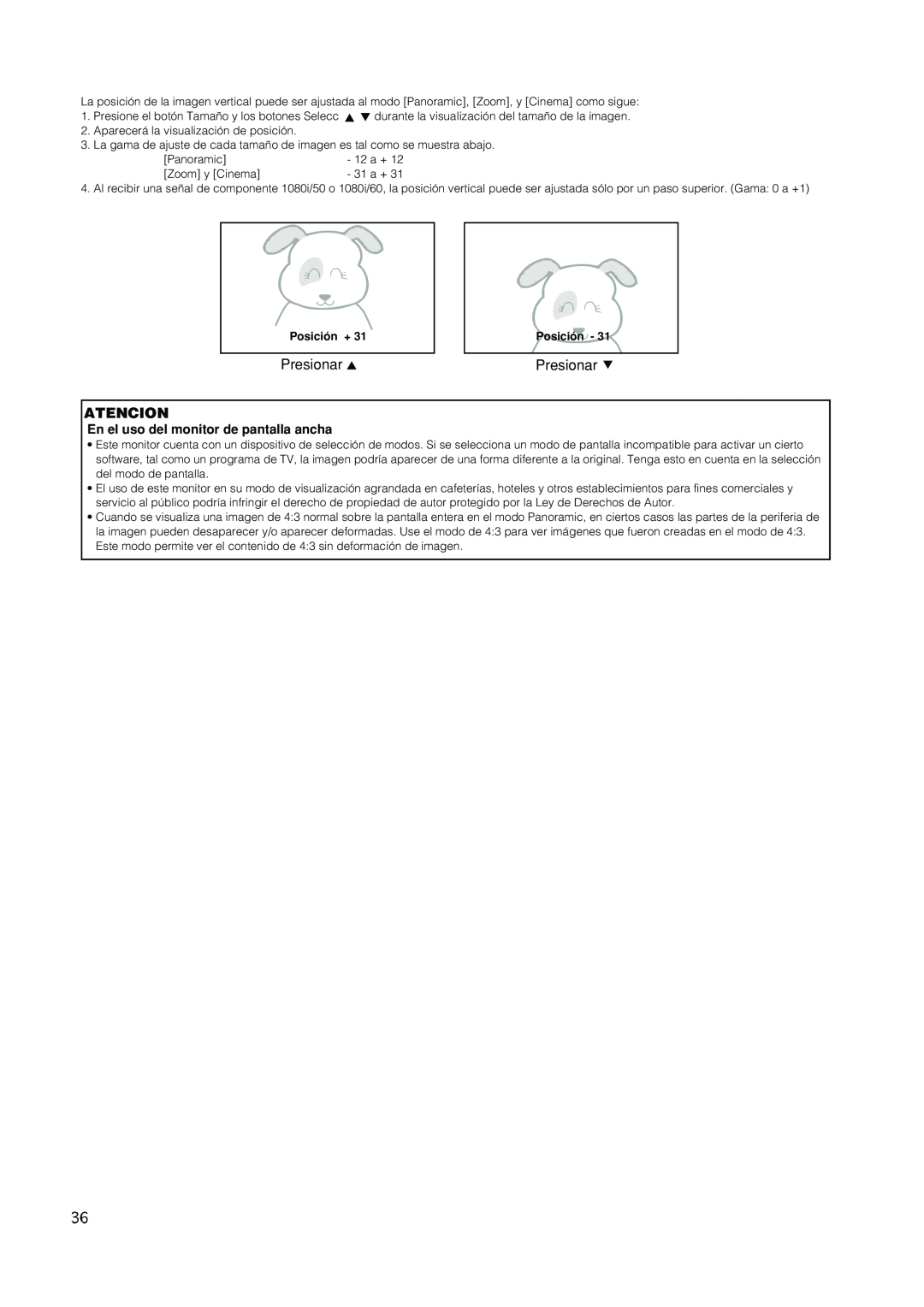 Hitachi PW1A user manual Presionar, Atencion, En el uso del monitor de pantalla ancha, Posición + 