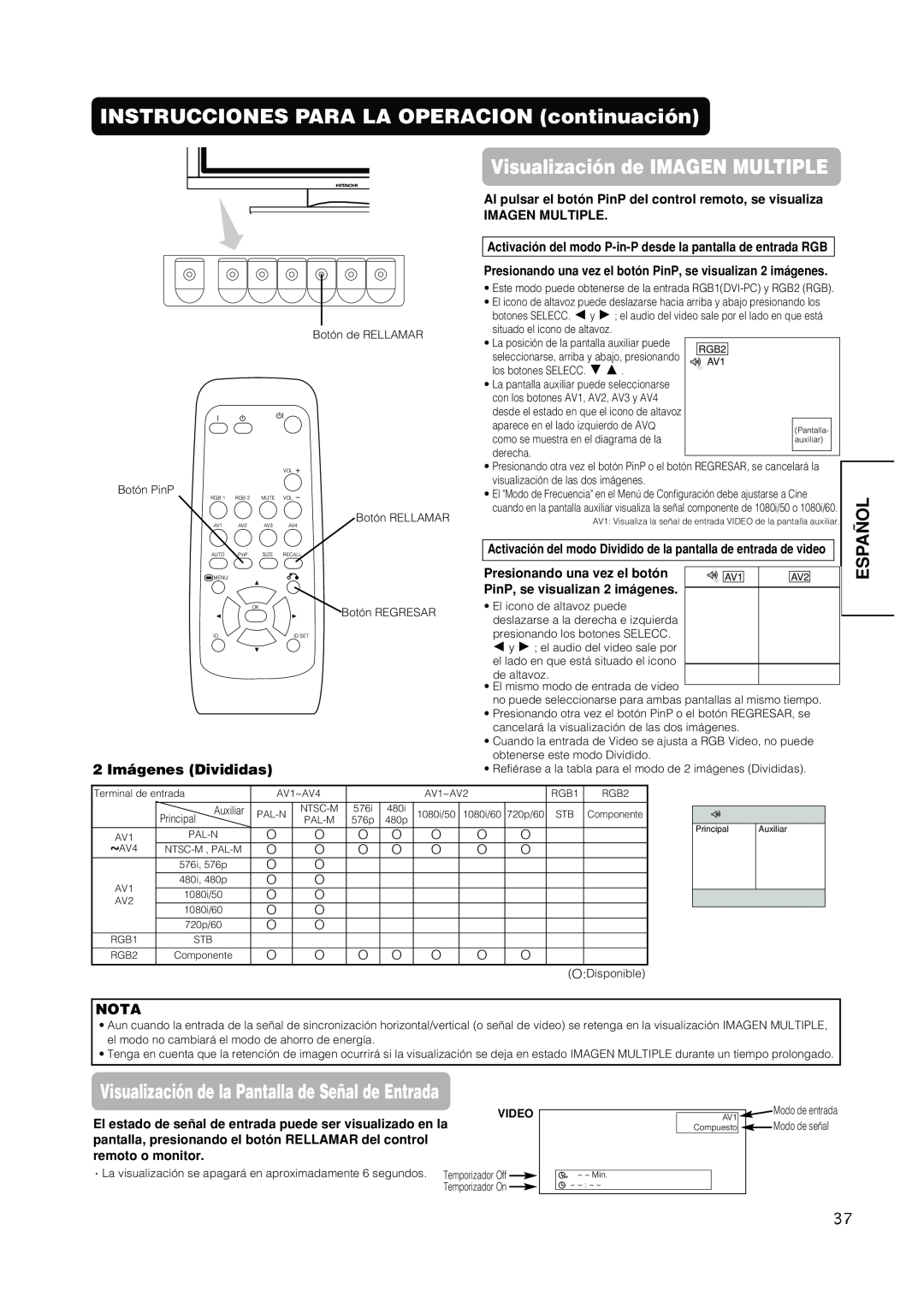 Hitachi PW1A user manual Visualización de IMAGEN MULTIPLE, Visualización de la Pantalla de Señal de Entrada, Español, Nota 