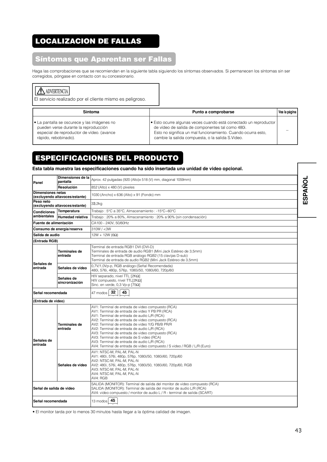 Hitachi PW1A user manual LOCALIZACION DE FALLAS Síntomas que Aparentan ser Fallas, Especificaciones Del Producto, Español 