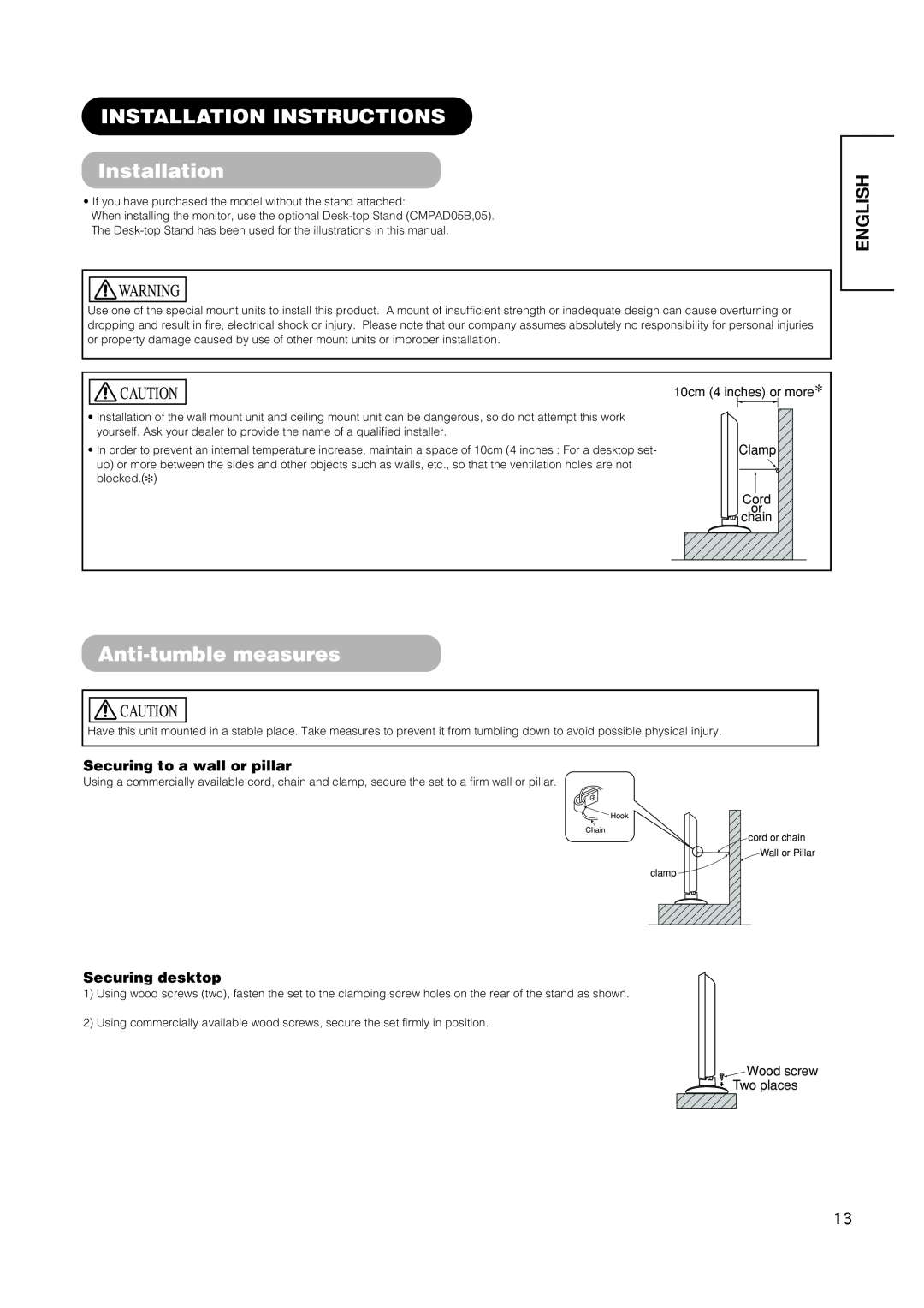 Hitachi PW1A INSTALLATION INSTRUCTIONS Installation, Anti-tumble measures, English, Securing to a wall or pillar 