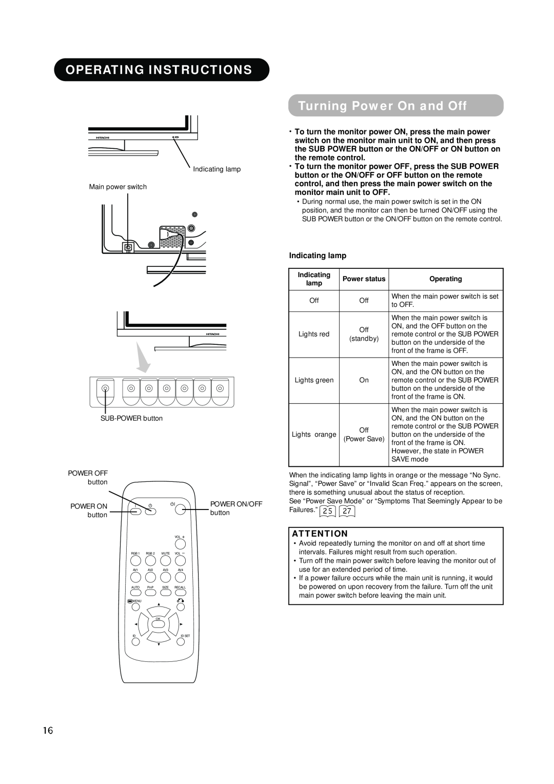 Hitachi PW1A user manual Operating Instructions, Turning Power On and Off, Indicating lamp 
