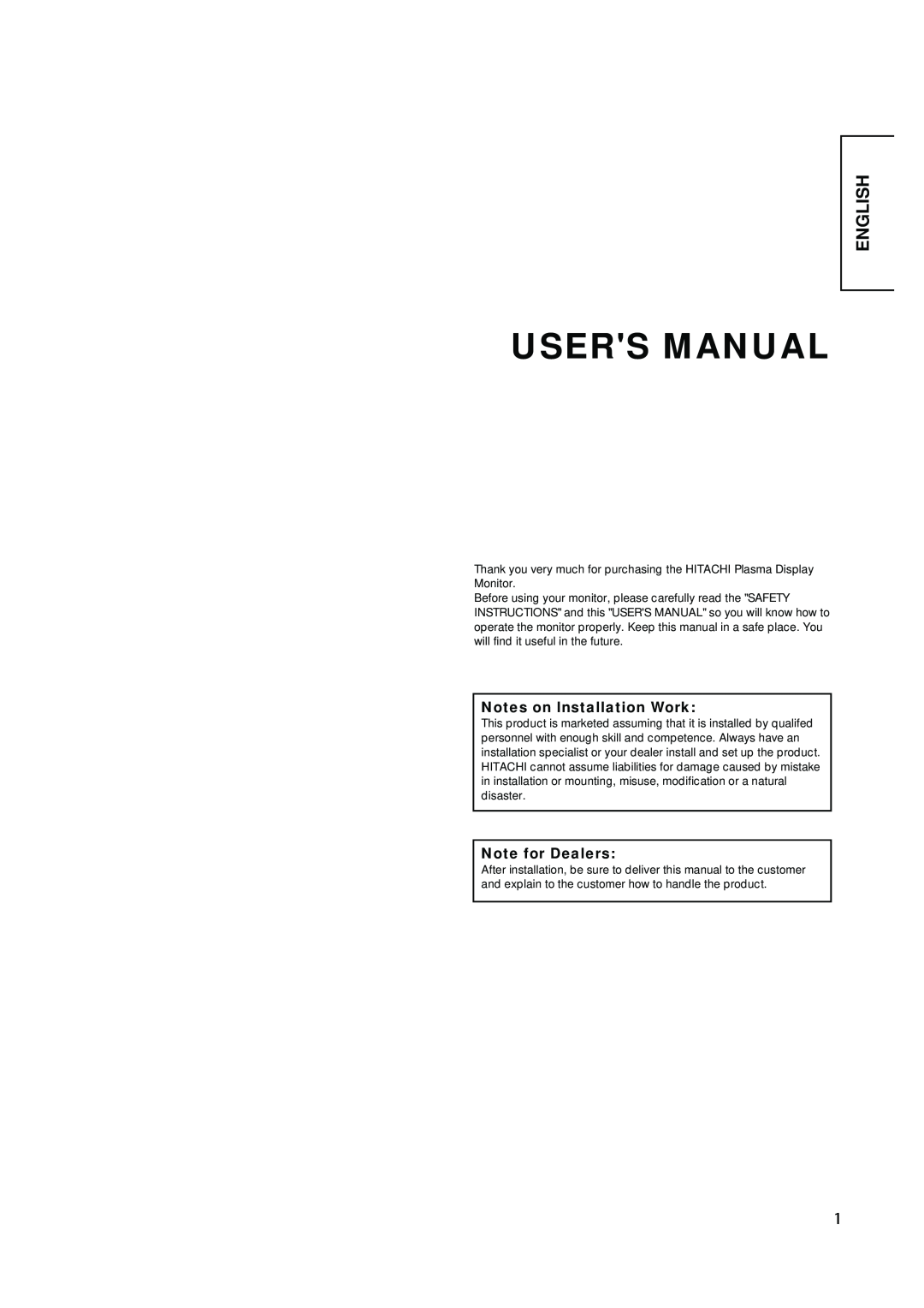 Hitachi PW1A user manual Users Manual, English, Notes on lnstallation Work, Note for Dealers 