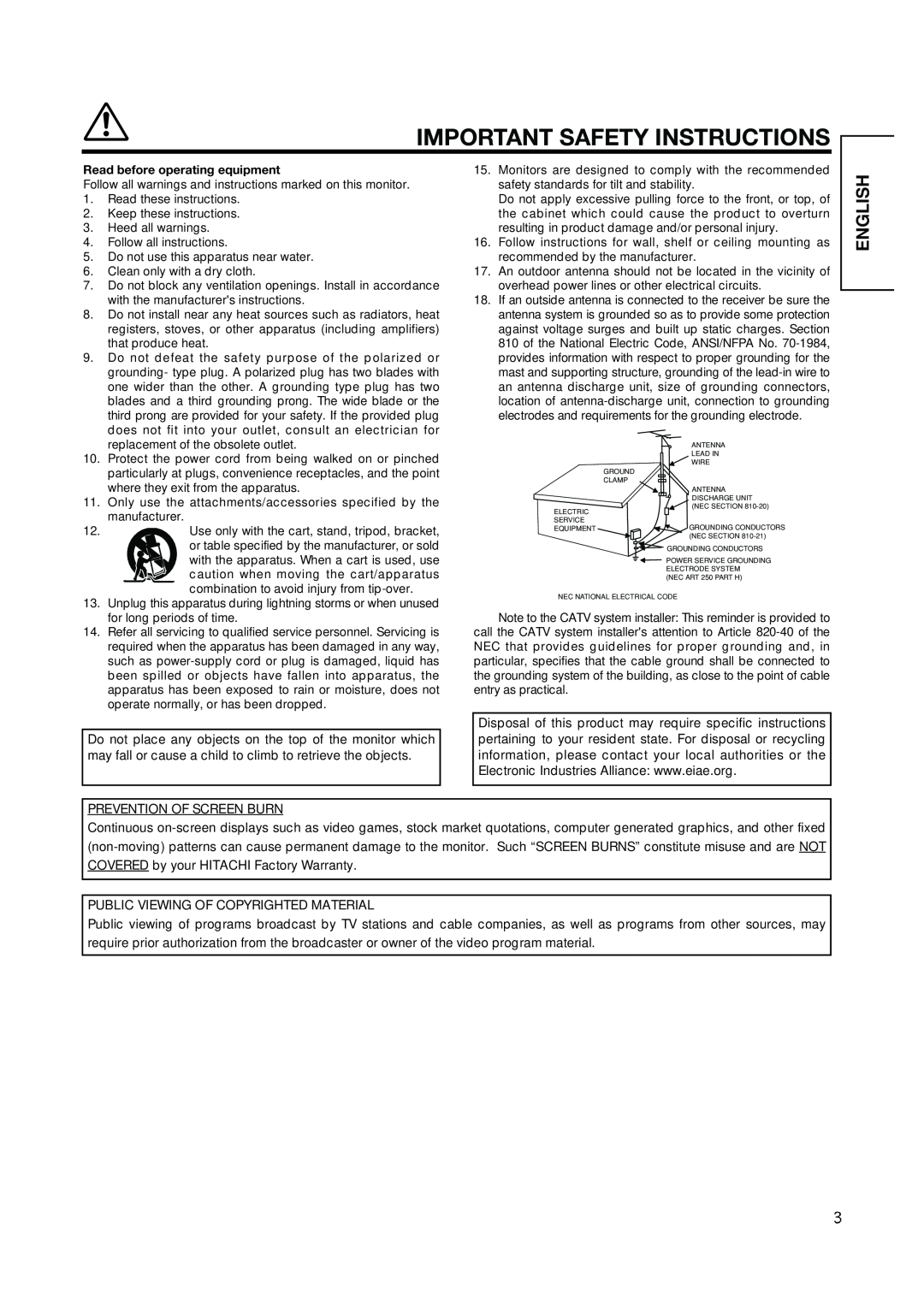 Hitachi PW1A user manual Important Safety Instructions, English, Read before operating equipment 