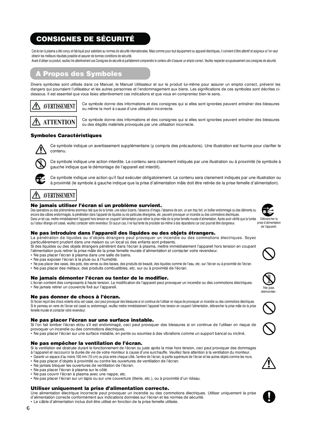 Hitachi PW1A user manual Consignes De Sécurité, A Propos des Symboles, Avertissement, Symboles Caractéristiques 